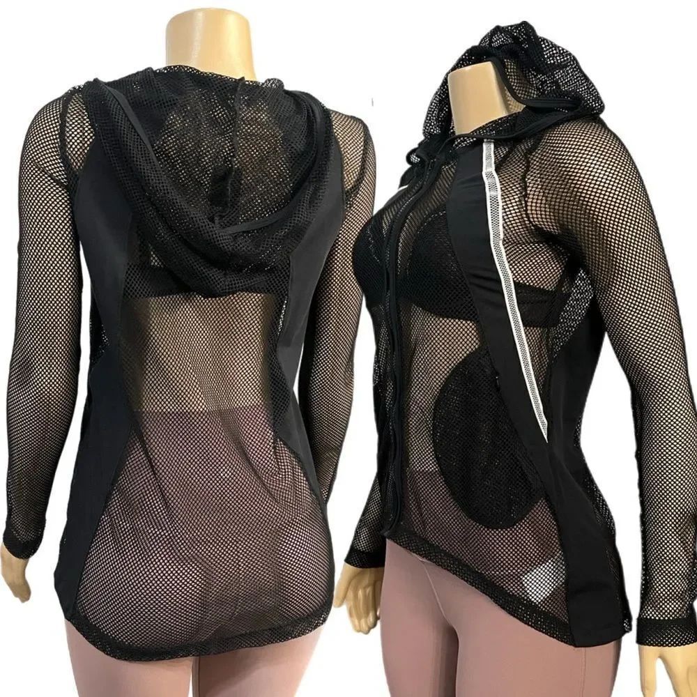 Bebe Hi Low Sexy Mesh Hoodie Jacket long sleeve Full zip Jacket black Small